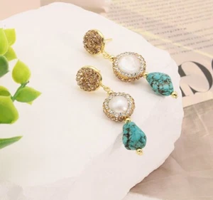 B15 Gold Plated Earrings Freshwater Pearl Zirconia Turquoise Plug Made of Silver - Picture 1 of 5