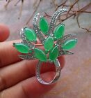 Vintage Antique Marquise Cut Natural Green Jade Brooch Pin 14K White Gold Over
