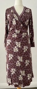 Boden Kleid Damen Lila Blätter Jersey Wickel Midi 3/4 Arm Größe 14 L - Bild 1 von 7