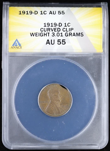1919-D 1c Lincoln Wheat Cent ANACS AU 55 | Error Coin - Curved Clip Cover