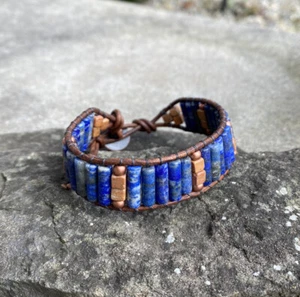 Men's Lapis and Copper Beaded Brown Leather Cuff Bracelet handmade NEW - Picture 1 of 4
