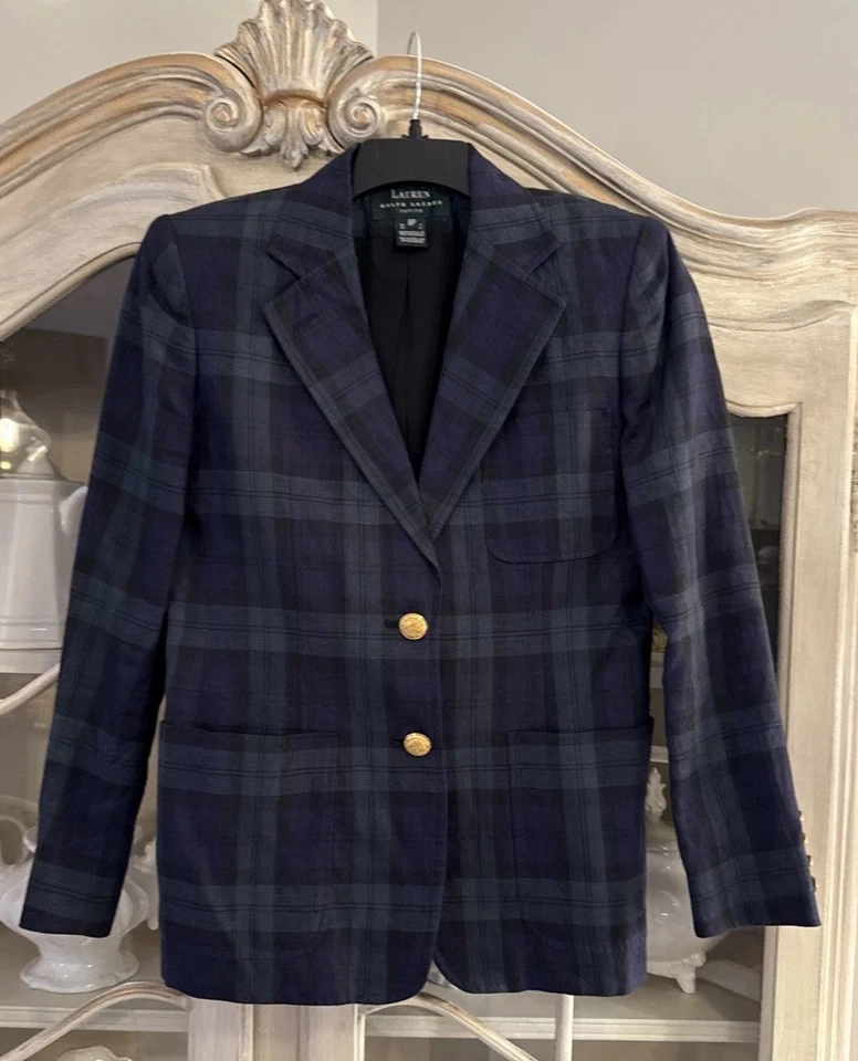 Chaqueta Blazer De Colección Ralph Lauren Para Mujer Algodón Verde Azul Tartán EE. UU. 6 petite Foto 1 de 4
