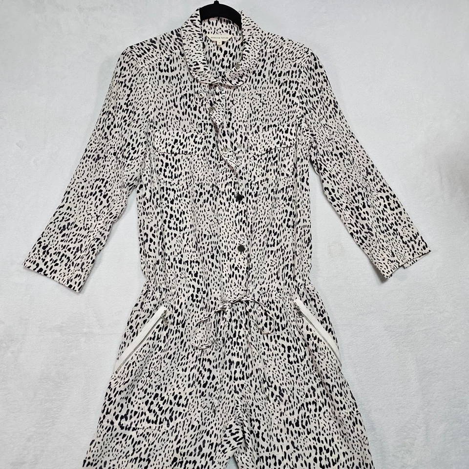 Macacão de seda feminino Rebecca Taylor 4 pequeno leopardo zíper macacão branco preto - Imagem 1 de 4