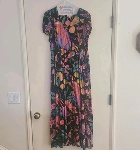 Banjanan Dress L Eden Garden Black Print Viscose Midi - Picture 1 of 4
