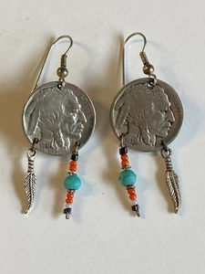 Vtg Authentic Buffalo Indian Head  Nickel Coin Earrings Feather Dangle & Beads - Picture 1 of 13