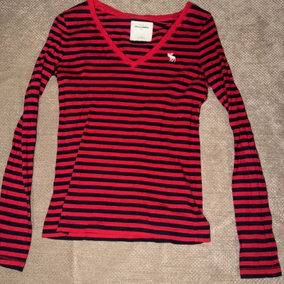 Camiseta Abercrombie Niños Niñas Talla XL Roja/Azul Marino Rayas Cuello en V Manga Larga Foto 1 de 3