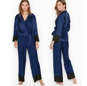Victoria's Secret Jumpsuit Satin Zebramuster Nachtwäsche blau schwarz vorne zum Binden Gr. L - Bild 1 von 14