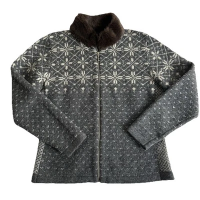 Vtg Womens Lambswool Sweater Maurices Gray Faux Fur Fair Isle Full Zip 90s Sz M - Изображение 1 из 4