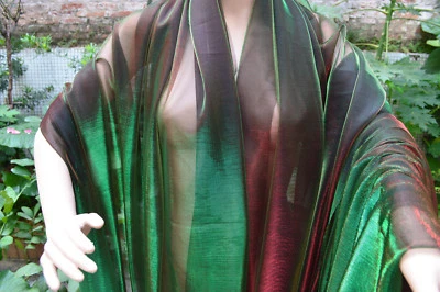 M25 Green Red  Metallc Iridescent 2 Tones Stretch Mesh Net Fabric Material - Image 1 of 4