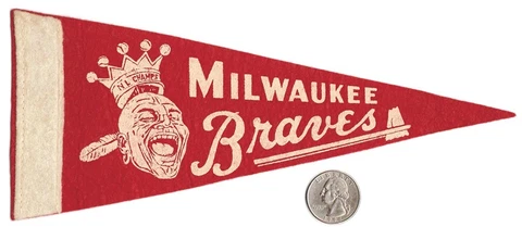 RARE Vintage 1957 1958 Baseball Pennant MILWAUKEE BRAVES NL Champions Hank Aaron Cover
