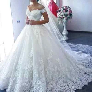 Elegant White Wedding Dresses Off Shoulder Cap Sleeves Sweep Train Bridal Gowns - Picture 1 of 13