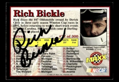 RICH BICKLE SIGNED 1992 MAXX BLACK #77 - NASCAR ON-CARD AUTO - Image 1 of 2