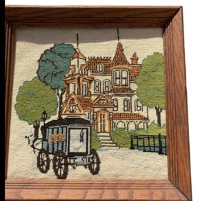 Vintage handgefertigte cremefarbene Nadelspitze Eiskutsche & viktorianisches Herrenhaus 14”x14” gerahmt - Bild 1 von 8