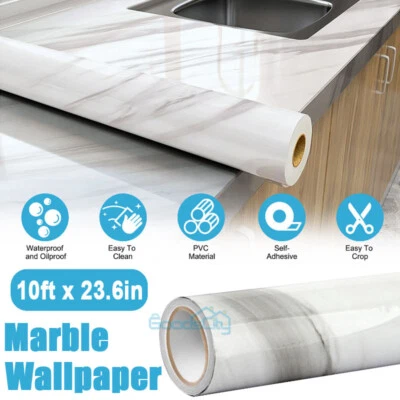 10FT Rollo De Papel Mármol Tapiz Decorativo Autoadhesivo Sala Cocina Habitacion - Image 1 of 4