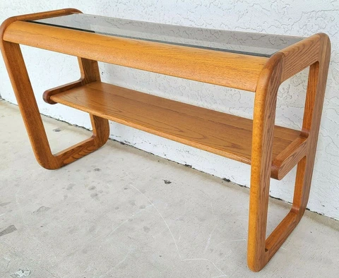 1970's Mid Century Modern Hodges Mersman Oak Smoked Glass Console Sofa Table Cover