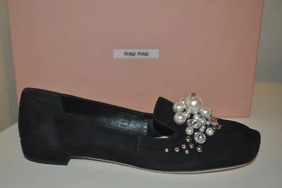 NIB Miu Miu Crystal Jeweled Pearl Embellished Loafer Flat Shoe Velvet Black 39.5 - Image 1 of 4
