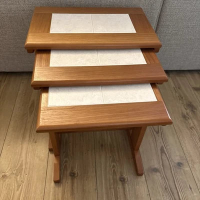 Mid Century Modern Teak Cream Tile Top Nest of 3 Tables Coffee Side Table - Image 1 of 4