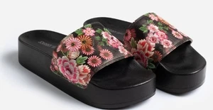 Neu Johnny Was Blum Blumen bestickt Pool Plateau Pantoletten Sandale flache Schuhe Größe 10 - Bild 1 von 8