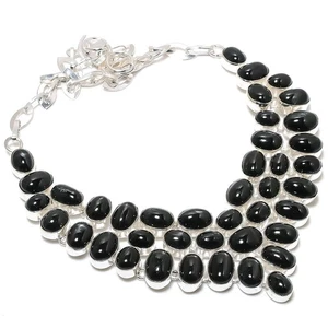 Collar de plata de ley 925 con piedras preciosas negras naturales naturales Z244 - Imagen 1 de 6