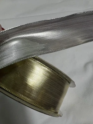 10 Yards 1.5 Inch Wired Winter Christmas Silver and Gold Metallic 2 Side Ribbon - Image 1 of 2