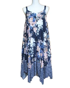 Jessica Simpson Handkerchief Hem Dress Medium Full Midi V Neck Blue Floral M - Picture 1 of 9