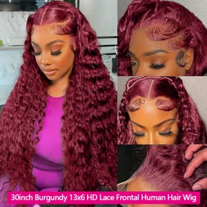 210 Density Burgundy 13x6 HD Lace Frontal Human Hair Wig 30Inch Water Wave Human - Picture 1 of 41