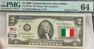 PMG 64 $ 2 2009 Federal Reserve Note DALLAS Fr#1936-K* (K* Block) RIOS | GEITHNER - Bild 1 von 2
