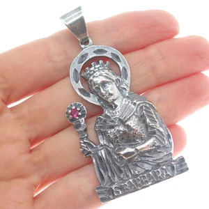 925 Sterling Silver Vintage Real Ruby St. Barbara Diamond-Cut Oxidized Pendant - Picture 1 of 6