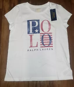 NWT Polo Ralph Lauren Girls White with Red & Blue Flag Spell Out Crew Neck - Picture 1 of 1