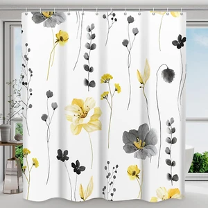 Shower Curtain Watercolor Flower Shower Curtain Sets - Spring Yellow Gray Floral - Picture 1 of 12