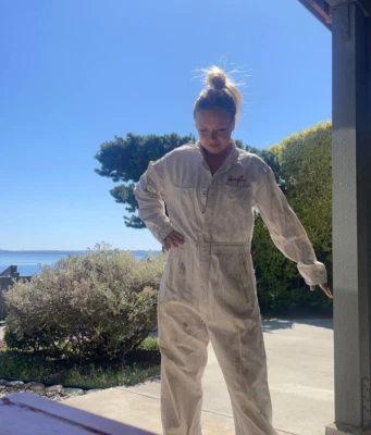 Vintage White Herringbone Coveralls Red Chainstitch Metal Buttons Front Cotton - Image 1 of 4