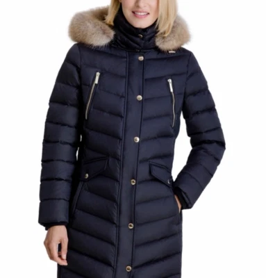 Michael Kors女式人造毛皮装饰连帽绗缝羽绒大衣小号黑色 — 第 1/3 张图片