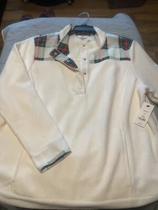 NWT Crown & Ivy Women's Plus Ivory Green Red Plaid Fleece Pullover Size 2X - Picture 1 of 8