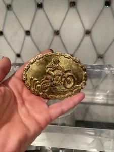 Vintage Gold Tone Belt Buckle Motocross - Dirt Bike - Chain Around - Picture 1 of 3