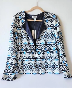 Mirror Image Women's Open Front Long Sleeve Jacket Boho Aztec Blue & White L - Picture 1 of 8