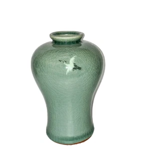 Vintage koreanische Seladon Kranich & Wolken Vase Künstler signiert Crackle Glasur 5" - Bild 1 von 5