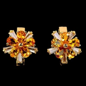 REAL ORANGISH YELLOW CITRINE & WHITE CZ BRASS YELLOW GOLD PLATED FLOWER EARRING - Picture 1 of 6
