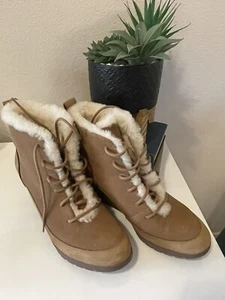 UGG Women's Bridgit Chestnut Waterproof Wedge Heel Ankle Boots Leather Size 8.5 - Picture 1 of 6