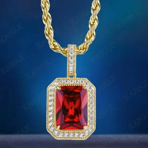 3.50Ct Radiant Cut Lab-Created Red Ruby Halo Pendant 14k Real Yellow Gold Plated - Picture 1 of 4