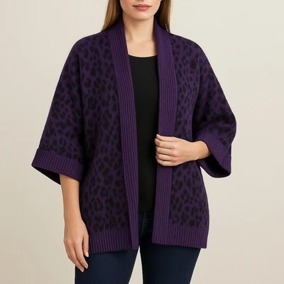 Cárdigan Suéter Rafaella Púrpura Estampado Leopardo Frente Abierto L Pelo de Conejo Lana Foto 1 de 4