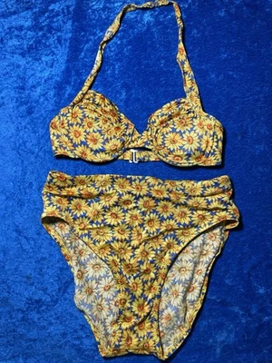 复古 90 年代雏菊泳装高切比基尼黄色花朵加厚钢圈 Med — 第 1/4 张图片