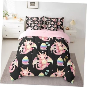  Cartoon Dragon Comforter Set with Sheets 7 Piece Kids Dragon Twin Pink Black - Picture 1 of 8