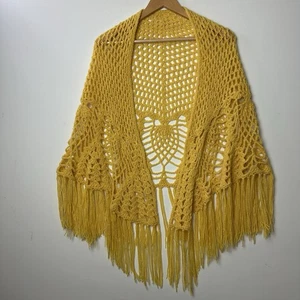 Vtg Crochet Shawl Scarf Wrap Yellow Fringe Boho Festival Romantic Granny 70s - Picture 1 of 15