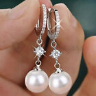 Sparkling 925 Sterling Silver Silver CZ Round White Pearl Drop Hoop Earrings