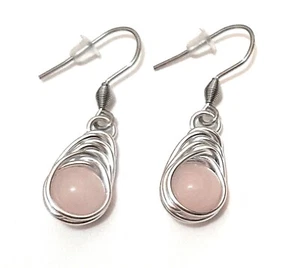 Wire Wrapped Rose Quartz Elegant Herringbone Weave Drop Dangle Bead Earrings - Picture 1 of 6