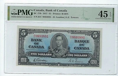 1937 $5 KGVI Bank of Canada; Gordon & Towers BC-23b PMG EXF 45 EPQ - Image 1 of 2