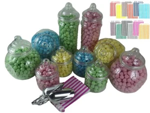 Large Plastic Sweet Jars x10, 3 Scoops, 100 Bags Candy Buffet Kit Wedding Party - Picture 1 of 23