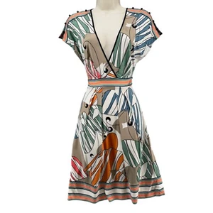 BCBGMaxAzria Cap Sleeve Dress Multicolor Plunge V Neck Faux Wrap Size S - Picture 1 of 14