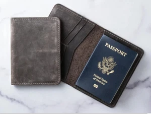 passport holder wallet purse cow Leather card pouch Bifold pocket bag gray A108 - Picture 1 of 6