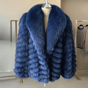 Nuevo Abrigo Mujer Piel de Zorro Real Piel Genuina Azul Chaqueta Invierno Abrigo Grueso Solapa - Imagen 1 de 5